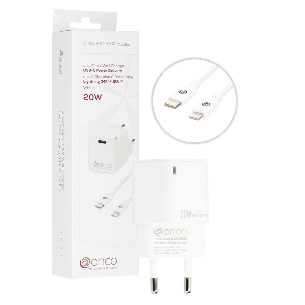 anco_Ladeset_20W_white anco Ladeset 20W white anco® mini Ladeset 20W USB-C auf Lightning weiß Ladeset Ladeset bestehend aus dem anco® mini USB-A FastCharge Schnellladegerät mit 18 Watt und mit USB-A auf USB-C - Kabel in schwarz