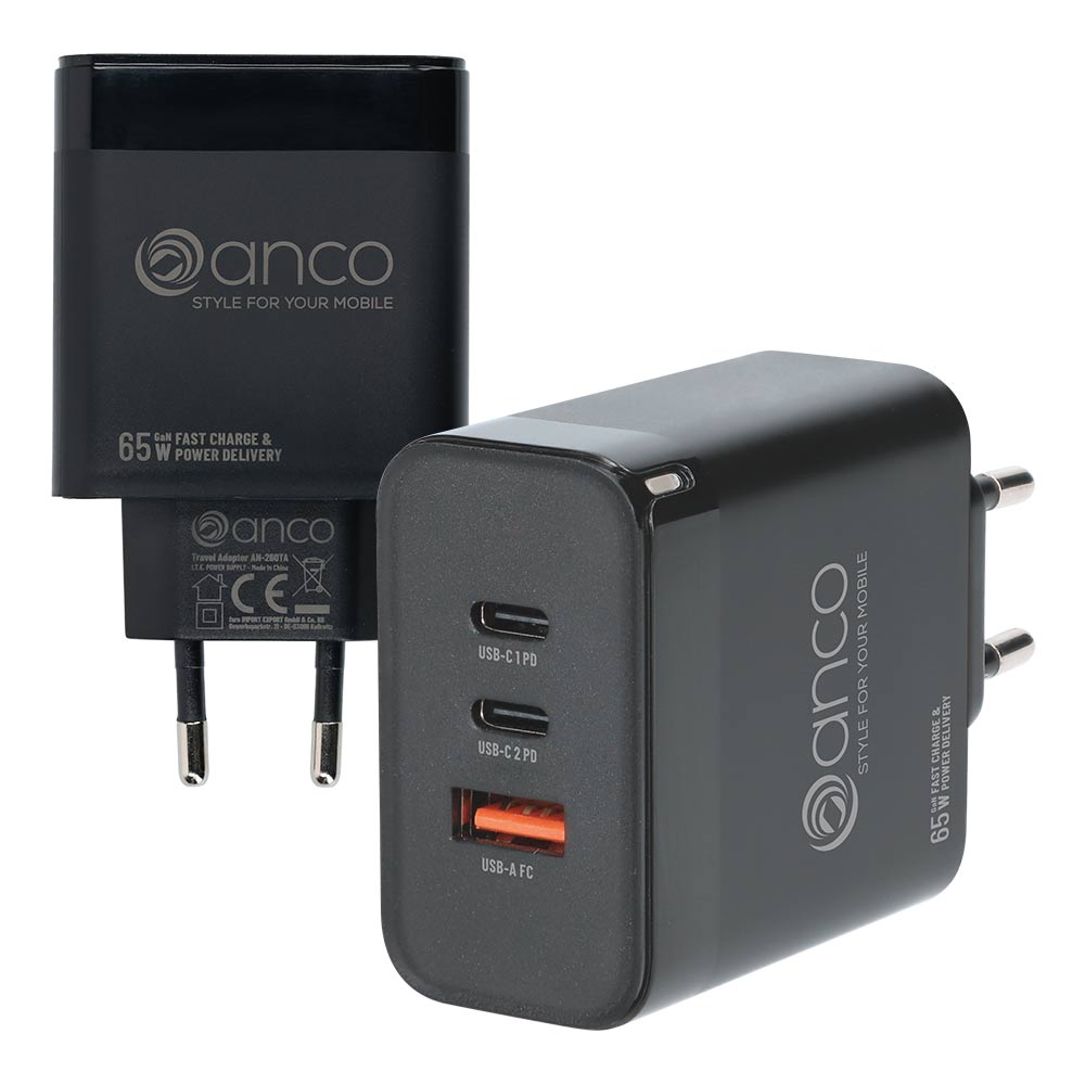 anco_charger_65w_black anco charger 65w black anco® 65W USB-C Netzteil / 2 x USB-C Power Delivery / 1 x USB-A FastCharge / Dreifach - Schnellladegerät 65W USB-C Netzteil,schnellladegerät Kleines USB-A / 2xUSB-C Power Delivery GaN Triple-Schnellladegerät mit 65 Watt. Kompatibel mit USB-C PD 3.0, Quick Charge 3.0, AFC, SFCP und FCP. Output: USB-A: 5V/3A, 5V/4.5A, 9V/3A, 12V/3A USB-C: jeweils 5V/3A, 9V/3A, 15V/2A, 20V/3.25A
