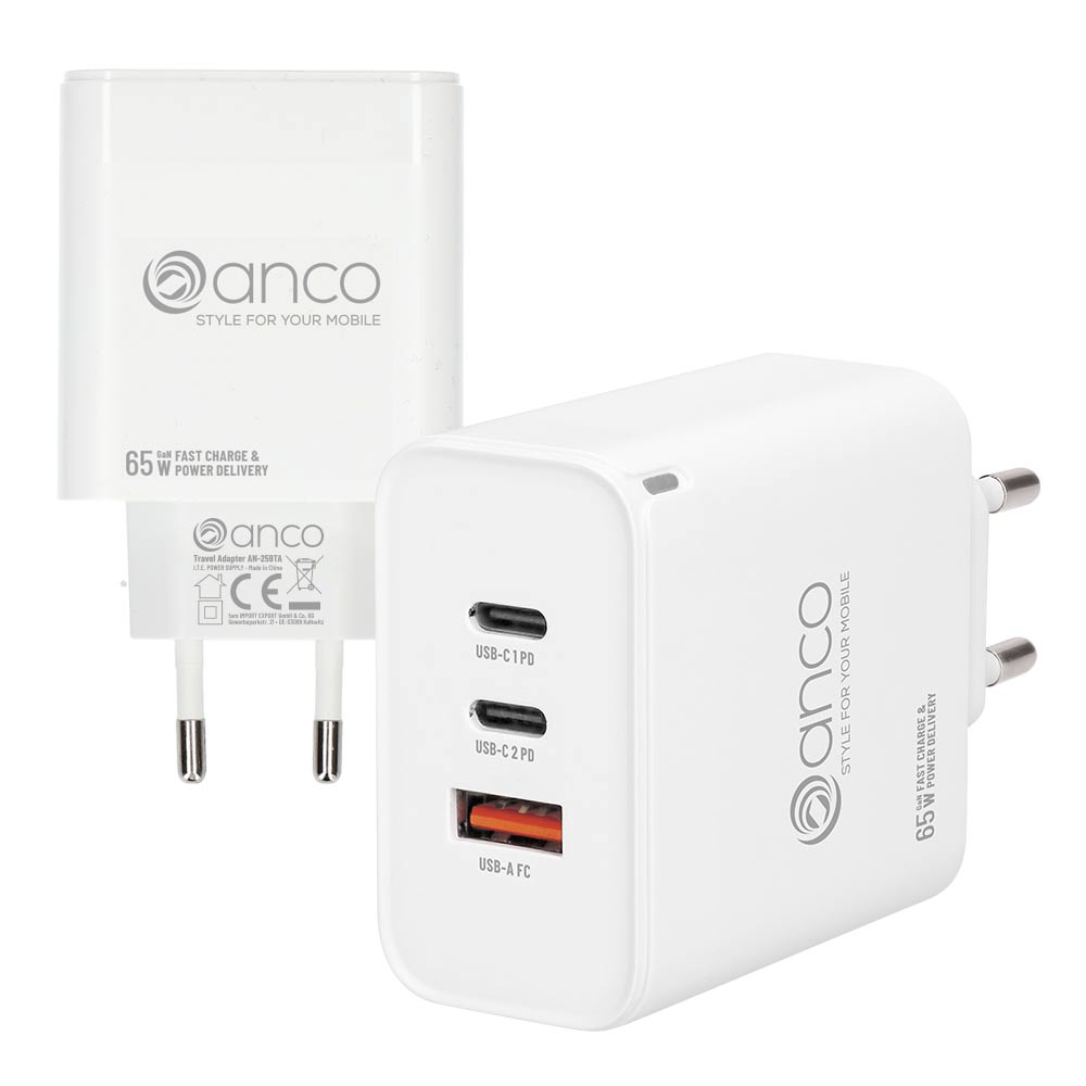 anco_charger_65w_white anco charger 65w white anco® 65W USB-C Netzteil / 2 x USB-C Power Delivery / 1 x USB-A FastCharge / Dreifach - Schnellladegerät 65W USB-C Netzteil,schnellladegerät Kleines USB-A / 2xUSB-C Power Delivery GaN Triple-Schnellladegerät mit 65 Watt. Kompatibel mit USB-C PD 3.0, Quick Charge 3.0, AFC, SFCP und FCP. Output: USB-A: 5V/3A, 5V/4.5A, 9V/3A, 12V/3A USB-C: jeweils 5V/3A, 9V/3A, 15V/2A, 20V/3.25A