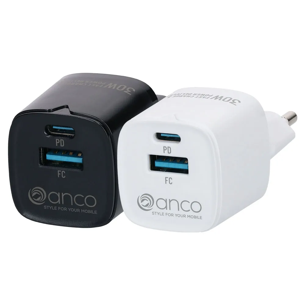 anco® 30W USB-C Schnellladegerät / Charger Gen.2 in schwarz und weiß