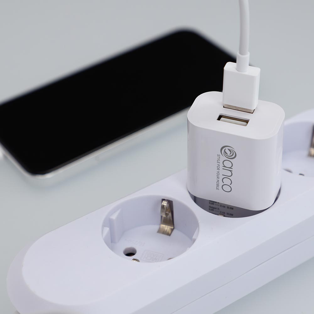 anco charger 12W white livestyle anco® Ladeset 12W Dual USB-A Auf USB-C weiß Ladeset Ladeset bestehend aus dem anco® Dual USB-A Ladegerät mit 12 Watt und passendem USB-A auf USB-C - Kabel in schwarz