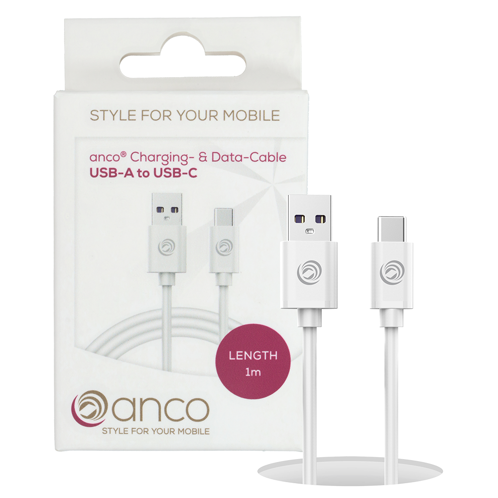 92940 2 anco USB-A auf USB-C Lade- und Datenkabel 5A 40W - 1m - weiß usb-c auf usb-c,Daten- und Ladekabel USB-C auf USB-C Daten- und Ladekabel; verbindet Geräte mit USB-C - Anschlüssen miteinander und unterstützt Power Delivery und damit Schnellladen mit bis zu 3A, Datentransfer mit bis zu 480MBit/s