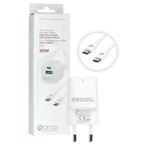 anco® Ladeset 30W mini Charger USB-A/USB-C und Datenkabel USB-C/USB-C weiß