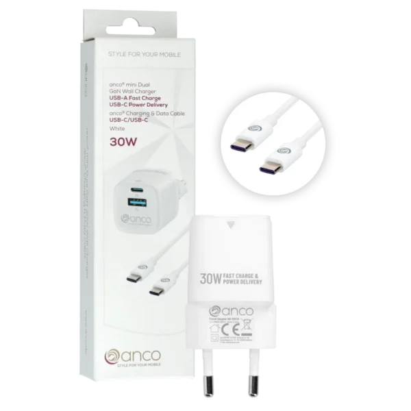 anco® Ladeset 30W mini Charger USB-A/USB-C und Datenkabel USB-C/USB-C weiß