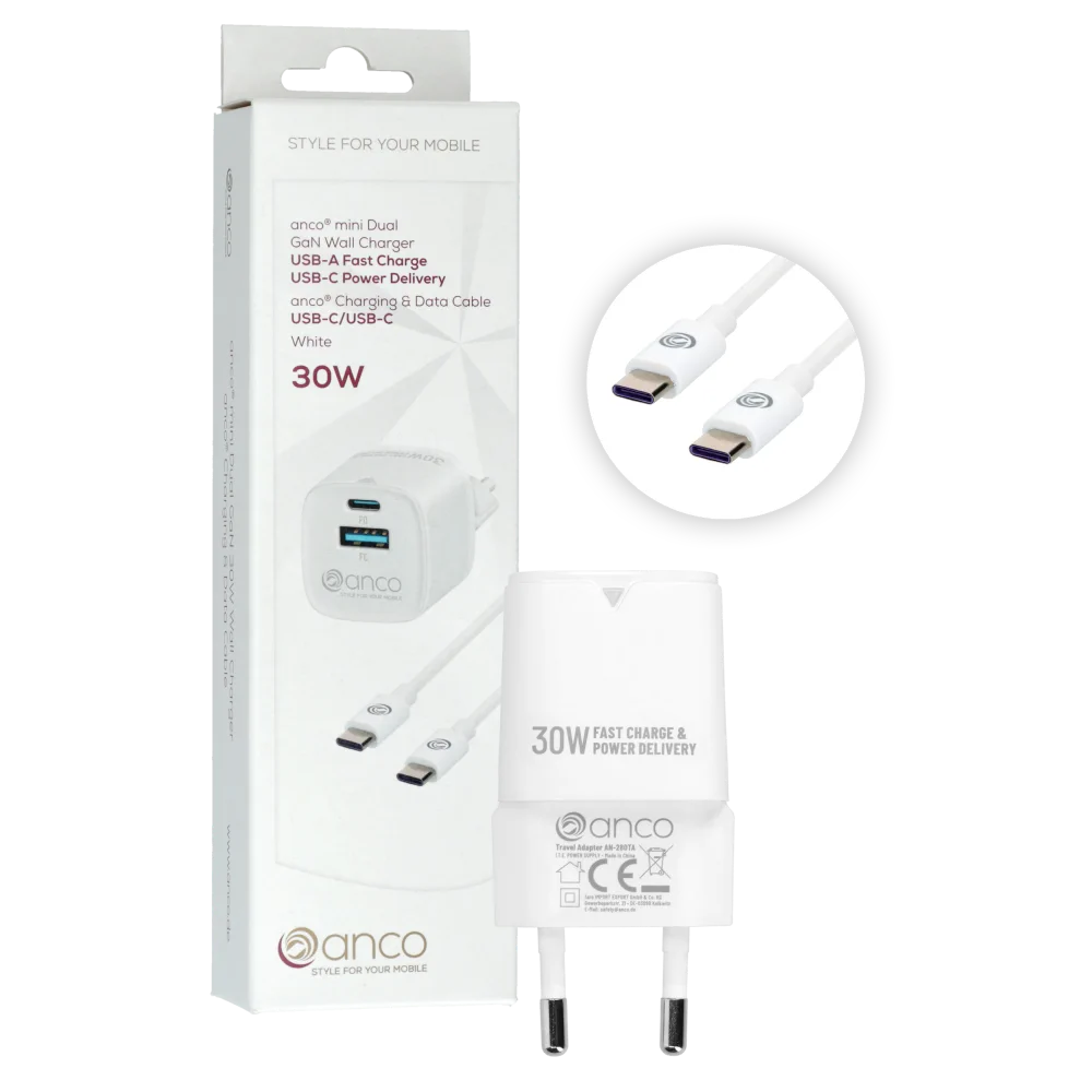 94526 anco® Ladeset 30W mini Charger USB-A/USB-C und Datenkabel USB-C/USB-C weiß