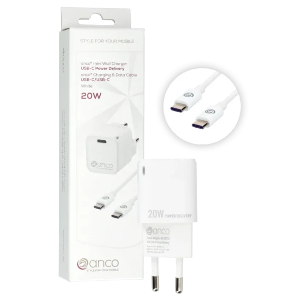 anco® Ladeset 20W mini Charger USB-C und Datenkabel USB-C/USB-C weiß