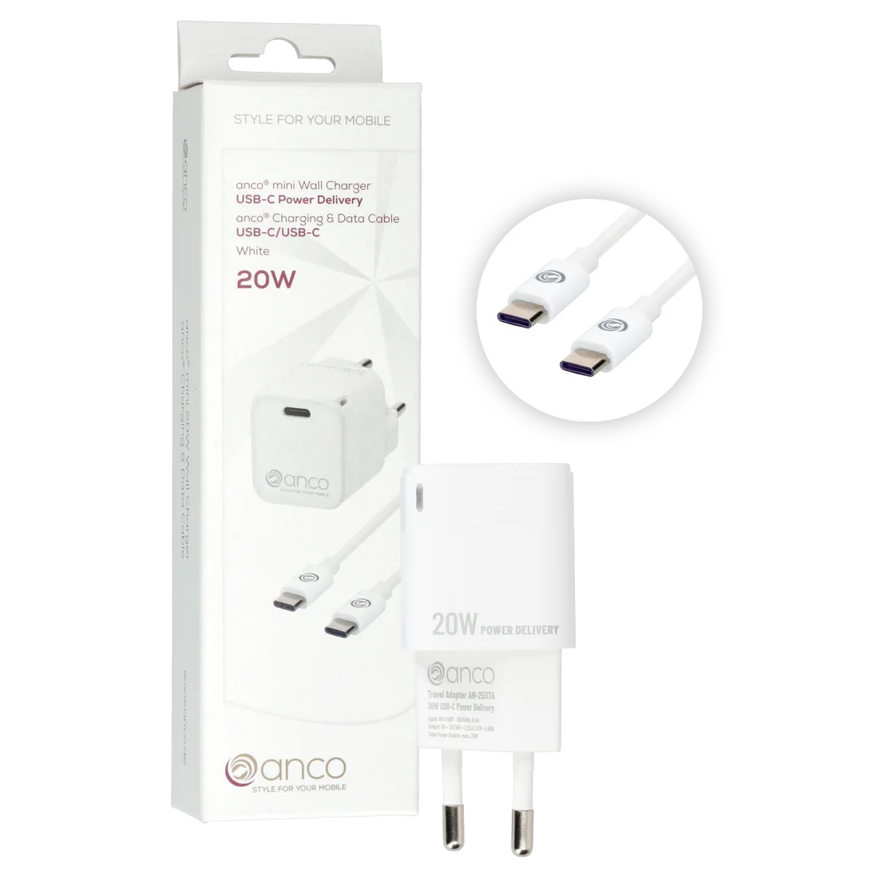 anco® Ladeset 20W mini Charger USB-C und Datenkabel USB-C/USB-C weiß
