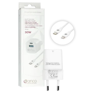 anco® Ladeset 30W mini Charger USB-A/USB-C und Datenkabel USB-C/Lightning weiß