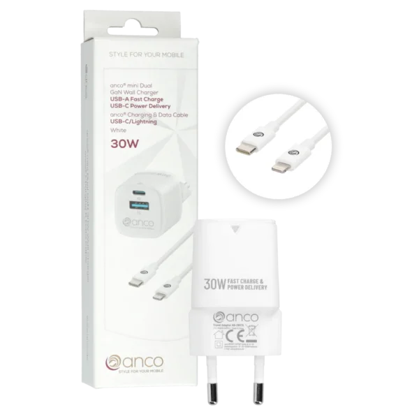 anco® Ladeset 30W mini Charger USB-A/USB-C und Datenkabel USB-C/Lightning weiß