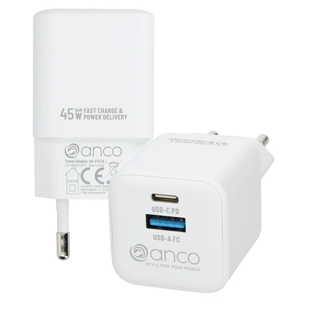 anco_45W_Charger_weiss anco® GaN 45W Wall Charger USB-C USB-A - weiß