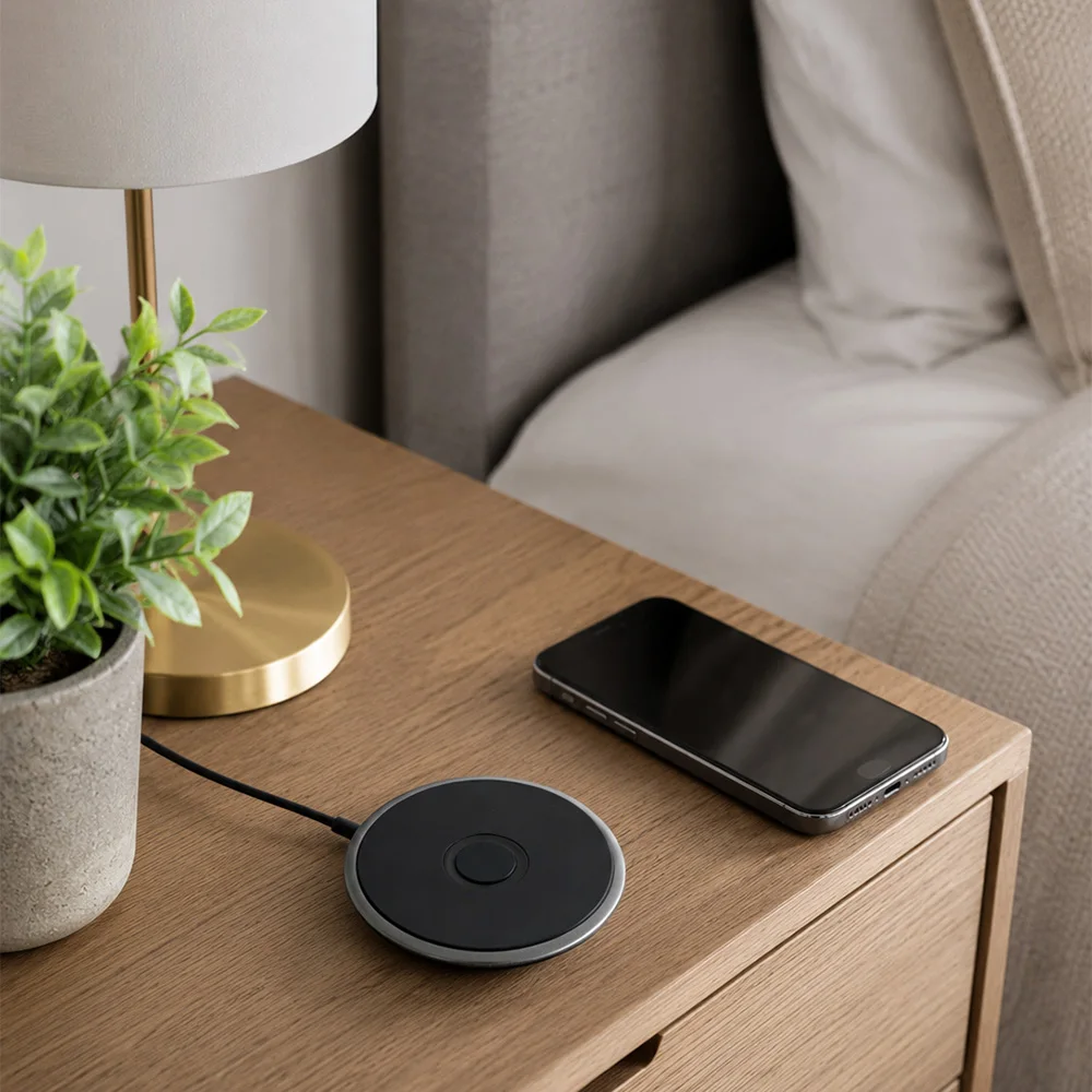 anco® Wireless Charger auf dem Nachttisch neben dem Bett